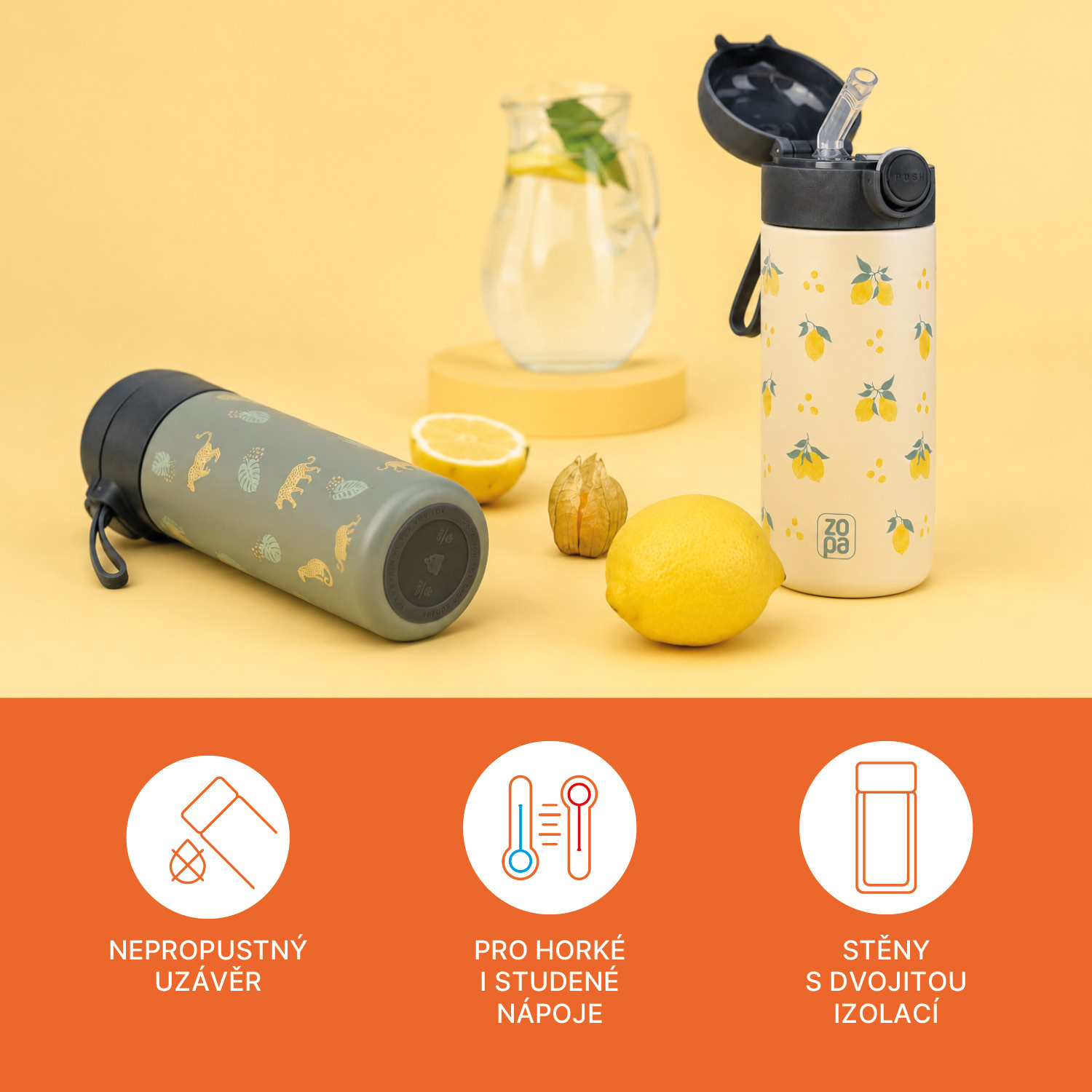 Termoska na tekutiny s brčkem a silikonovým držákem 350 ml, Limoncello