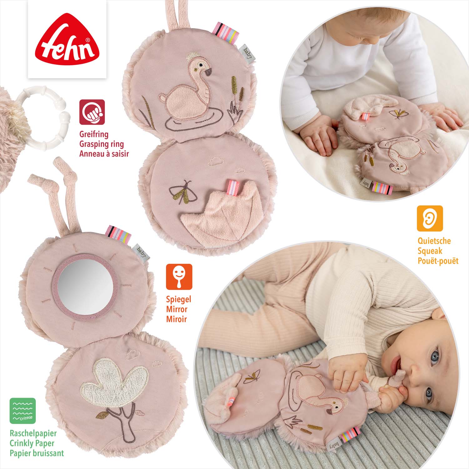 BABY FEHN Plyšová knížka plameňák, Pink
