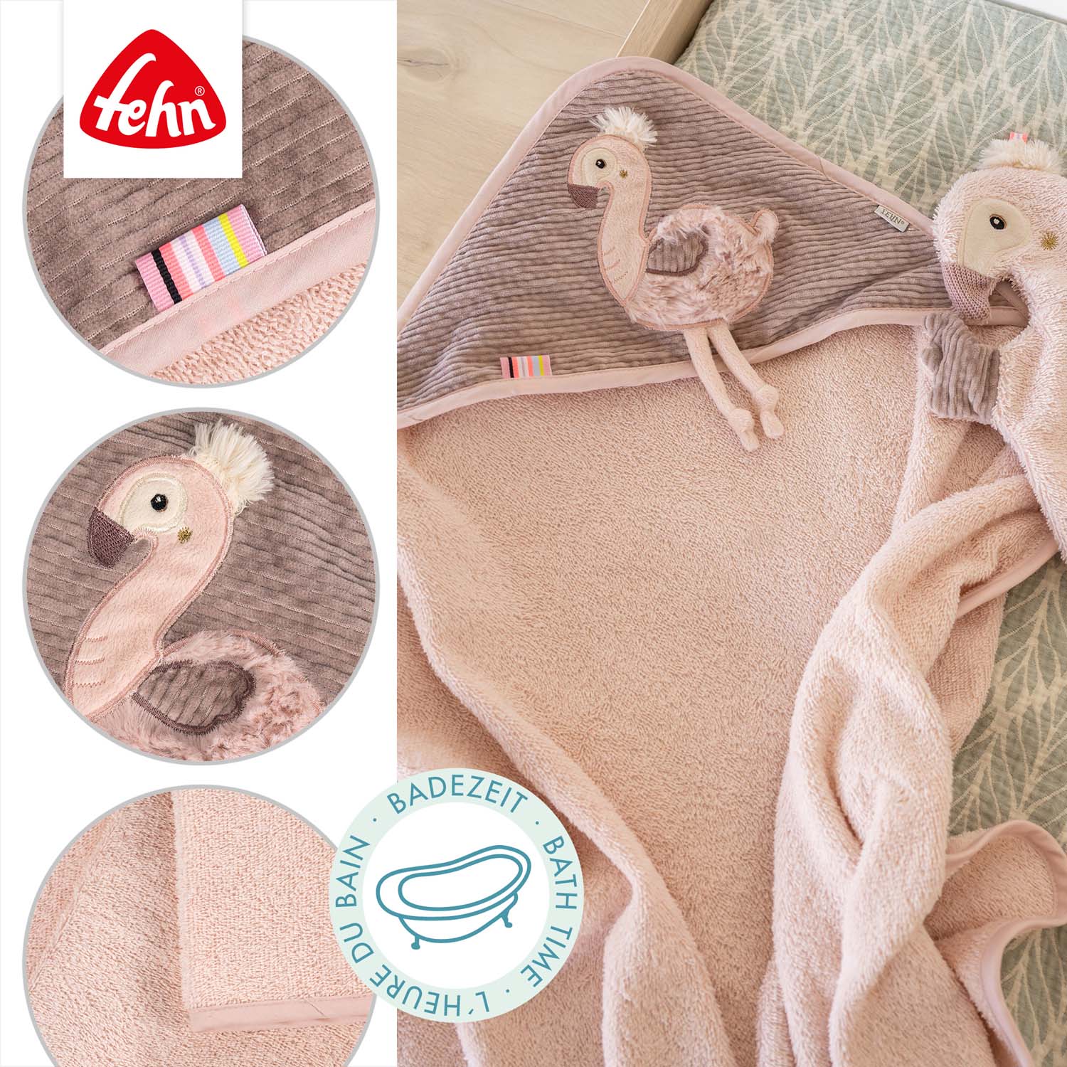 BABY FEHN Ručník s kapucí plameňák, Pink