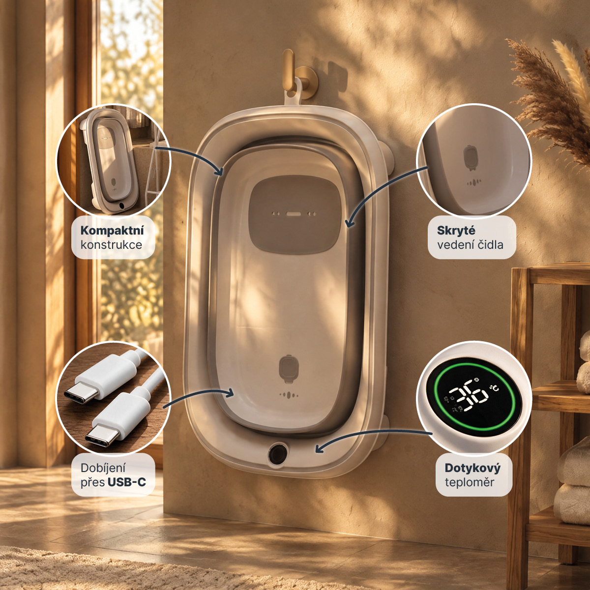 Dětská skládací vanička Aquasense s teploměrem, Grey
