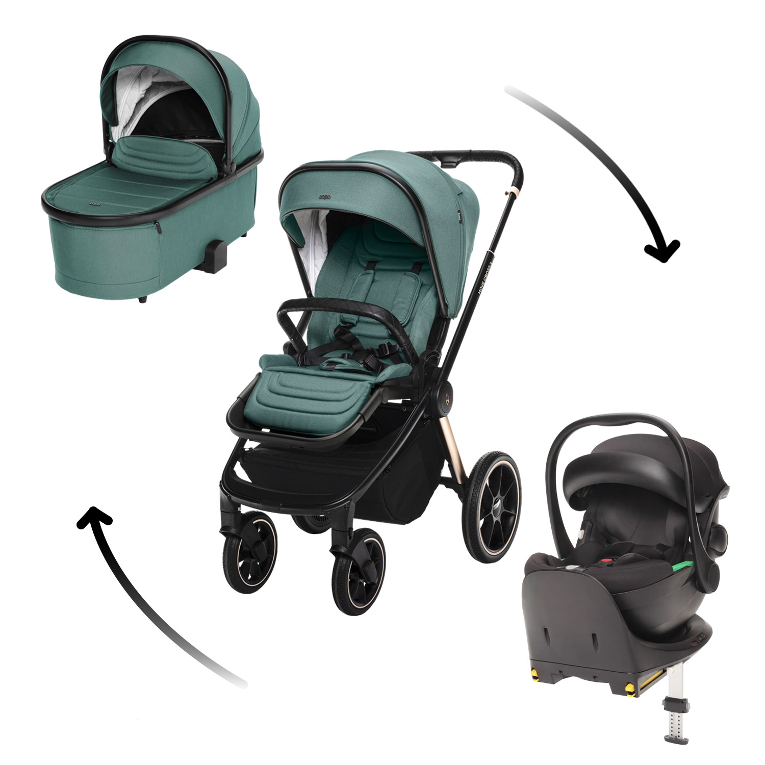 Zopa Set kočárek Move Cross 3 + hluboká korba  Move XL 3 + autosedačka + báze, Antique Green/Gold