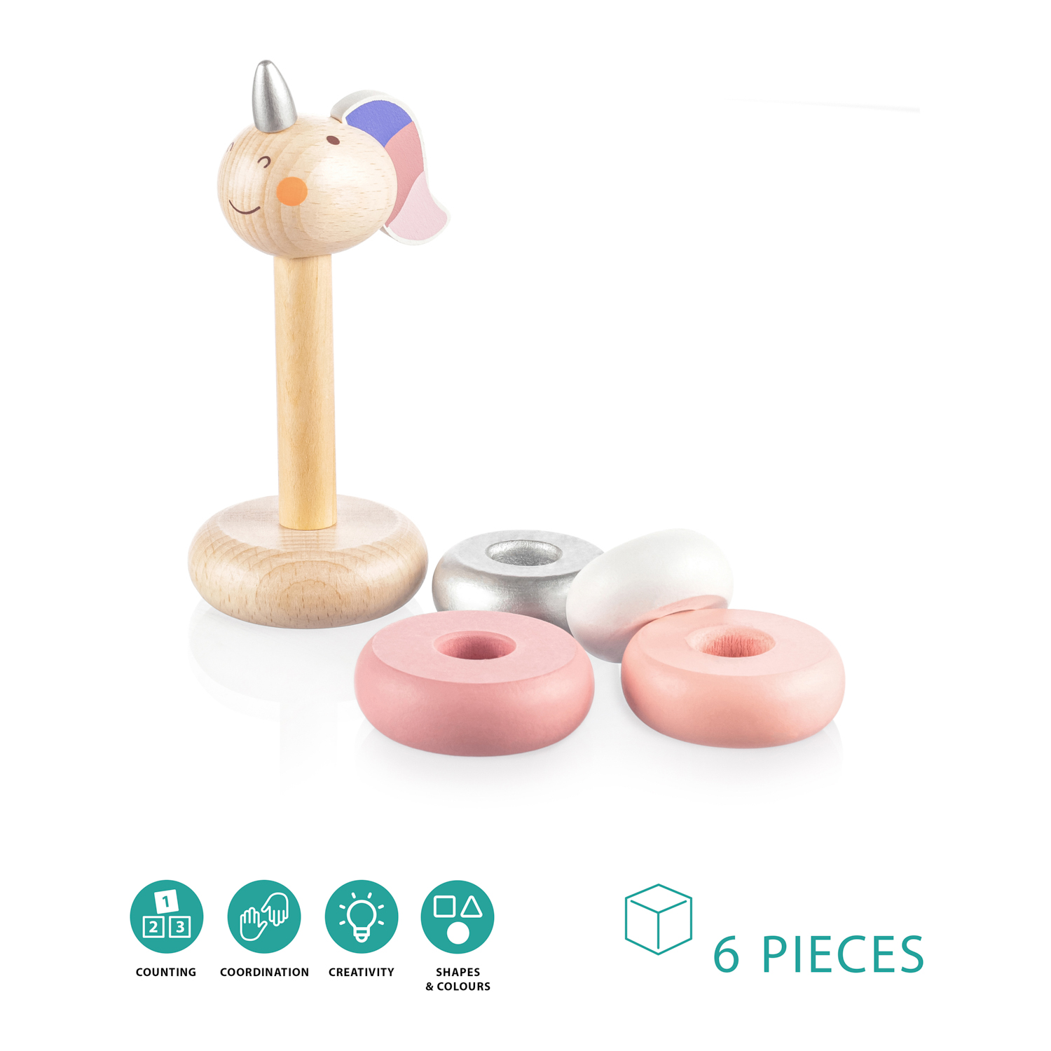 ZOPA Dřevěné nasazovací kroužky jednorožec, Pink