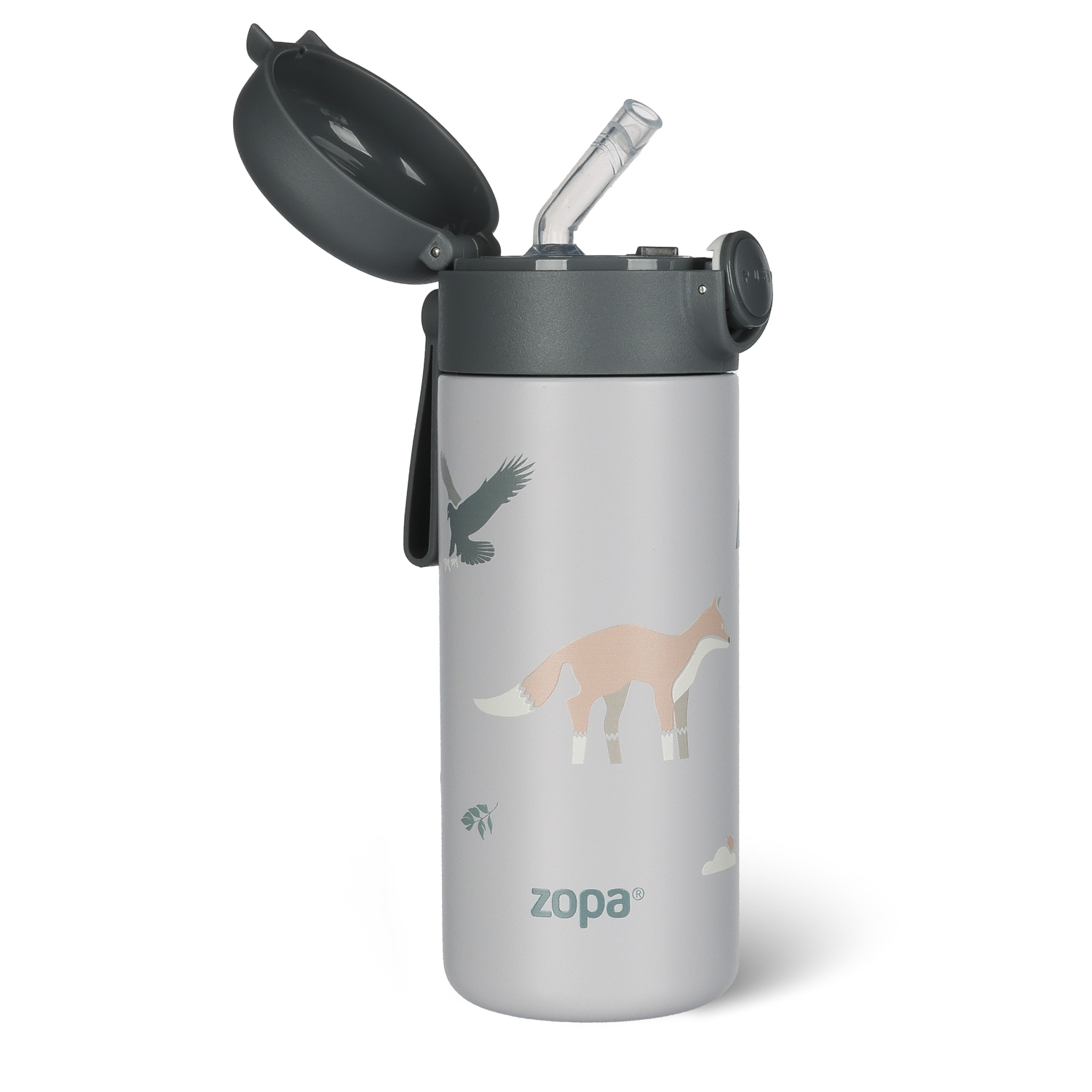 Zopa Termoska na tekutiny s brčkem a silikonovým držákem 350 ml, Mountains