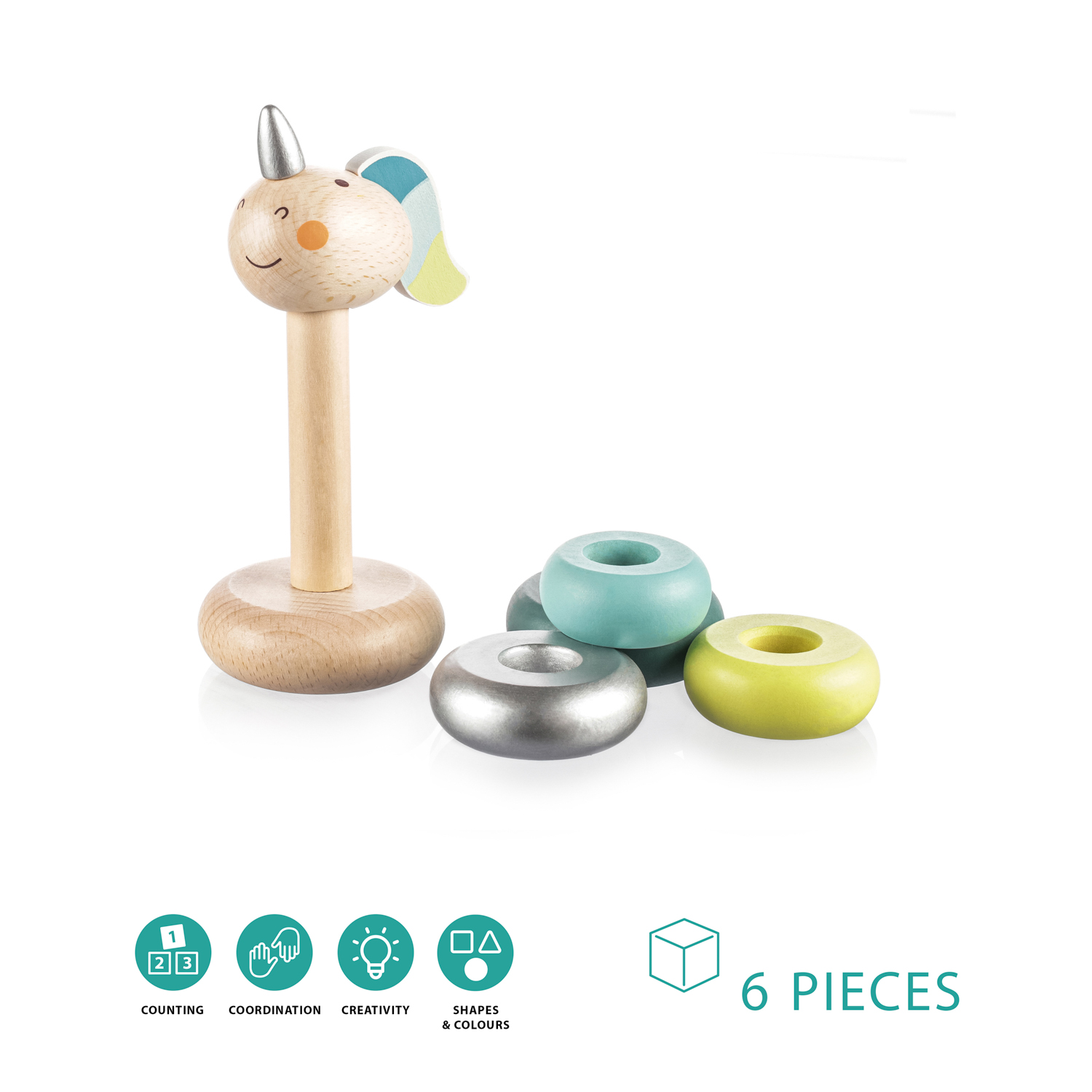 ZOPA Dřevěné nasazovací kroužky jednorožec, Blue